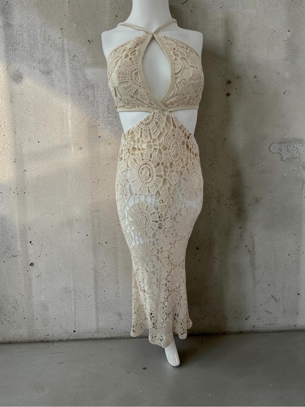 Crochet Halter Cutout Maxi Dress in Cream